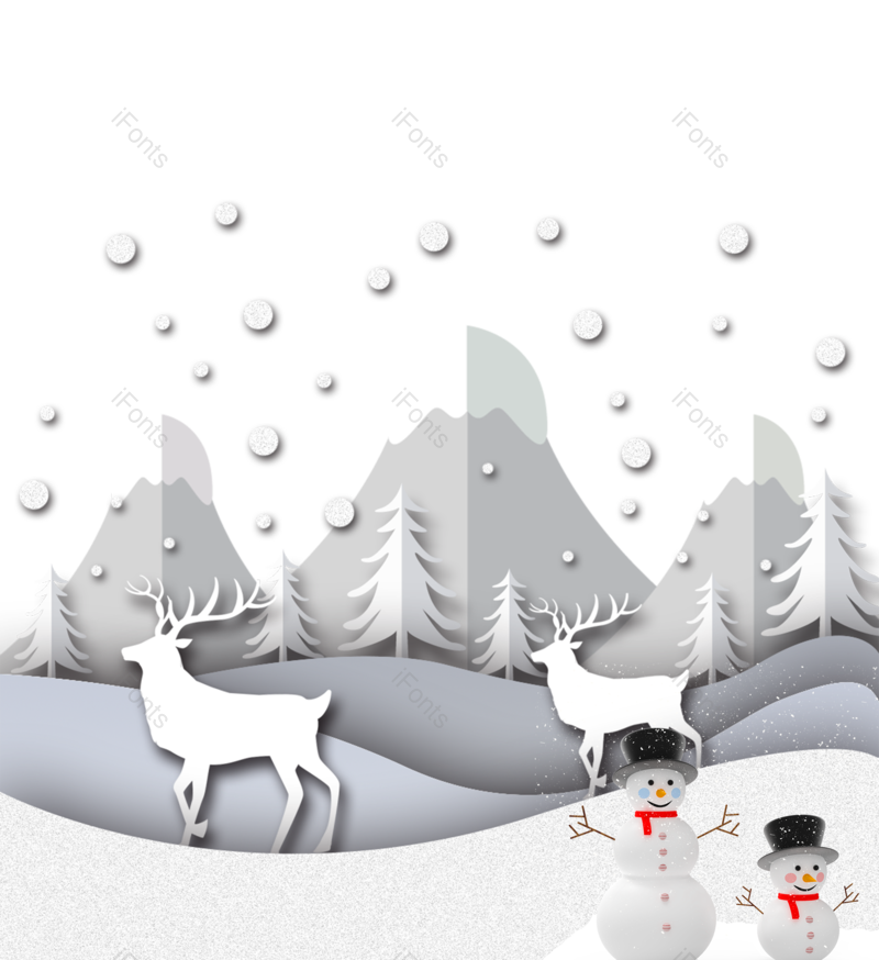 雪山图片,麋鹿元素,雪花PNG,雪人免抠素材